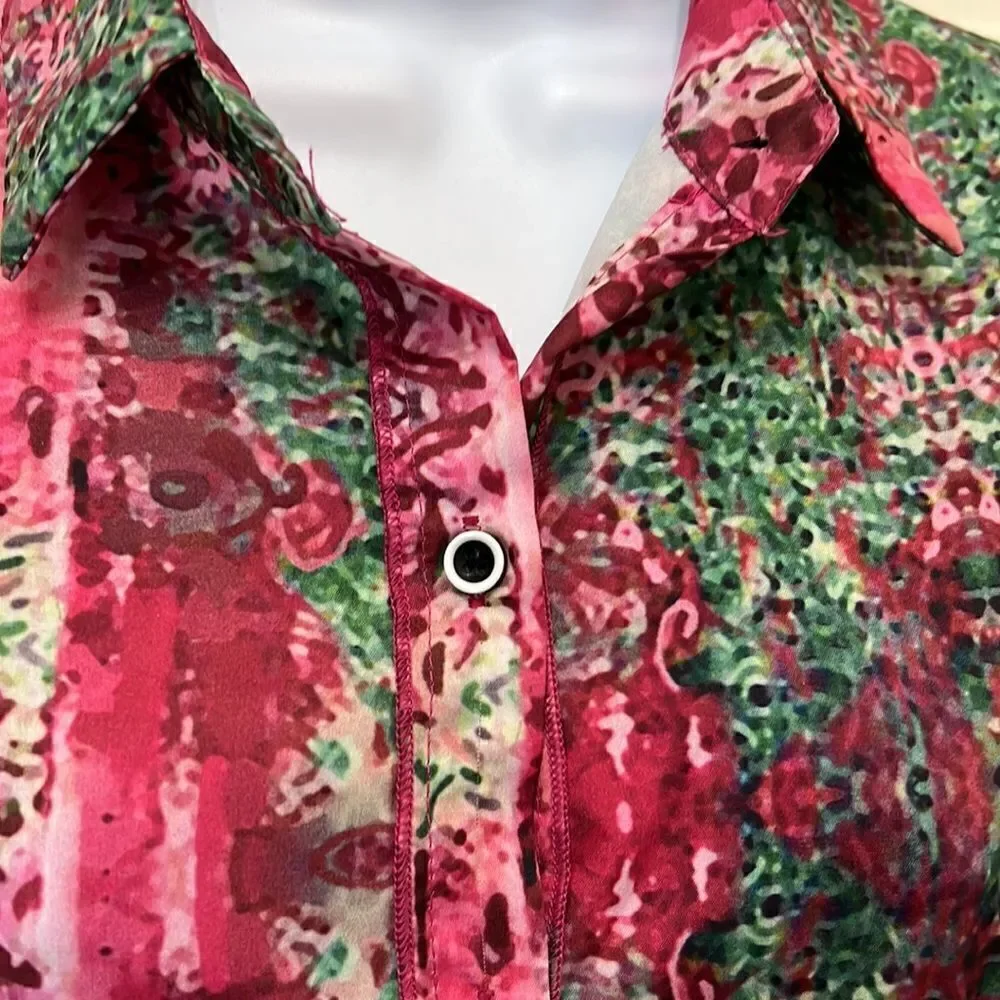 Misslook Blouse Size Medium Collar Button Front Long Sleeve Slimming Pink Green